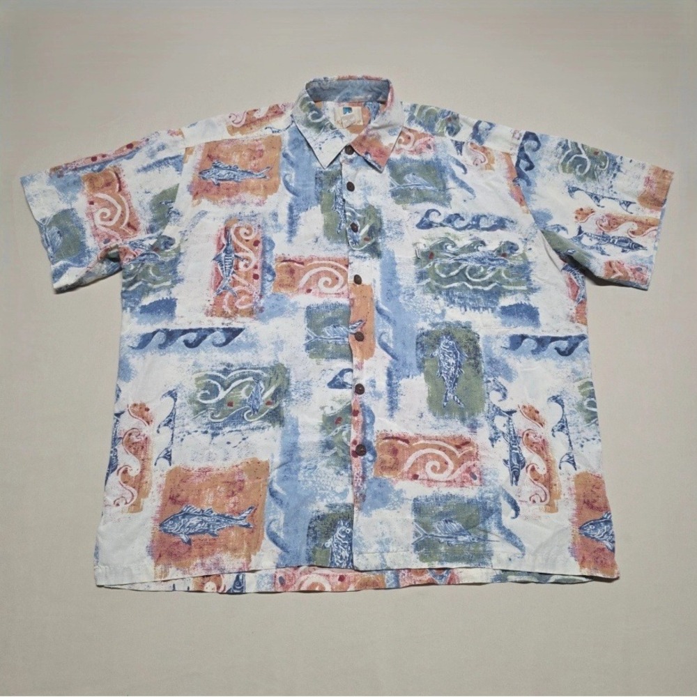 Kahala Men XL Hawaiian Shirt Fish Print Short Sleeve Relaxed Button Down